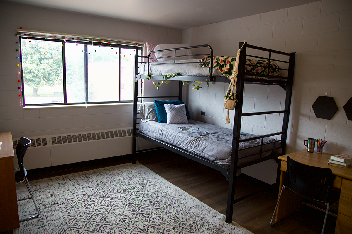 A college dorm room with a bunk bed by the window. The top bunk has colorful bedding and a plant hanging, while the bottom bunk has blue pillows. There's a desk and chair on the left, another desk with books and a lamp on the right, and a patterned rug on the floor.