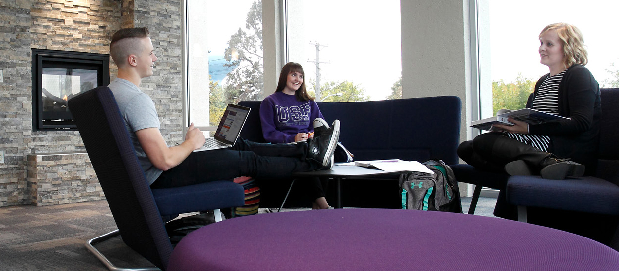 Three people sitting in a modern lounge area. One person with a laptop sits on a purple chair, another holding a book sits on a black chair, and the third, wearing a USF sweatshirt, sits opposite them. A stone fireplace and large windows with trees outside are in the background.