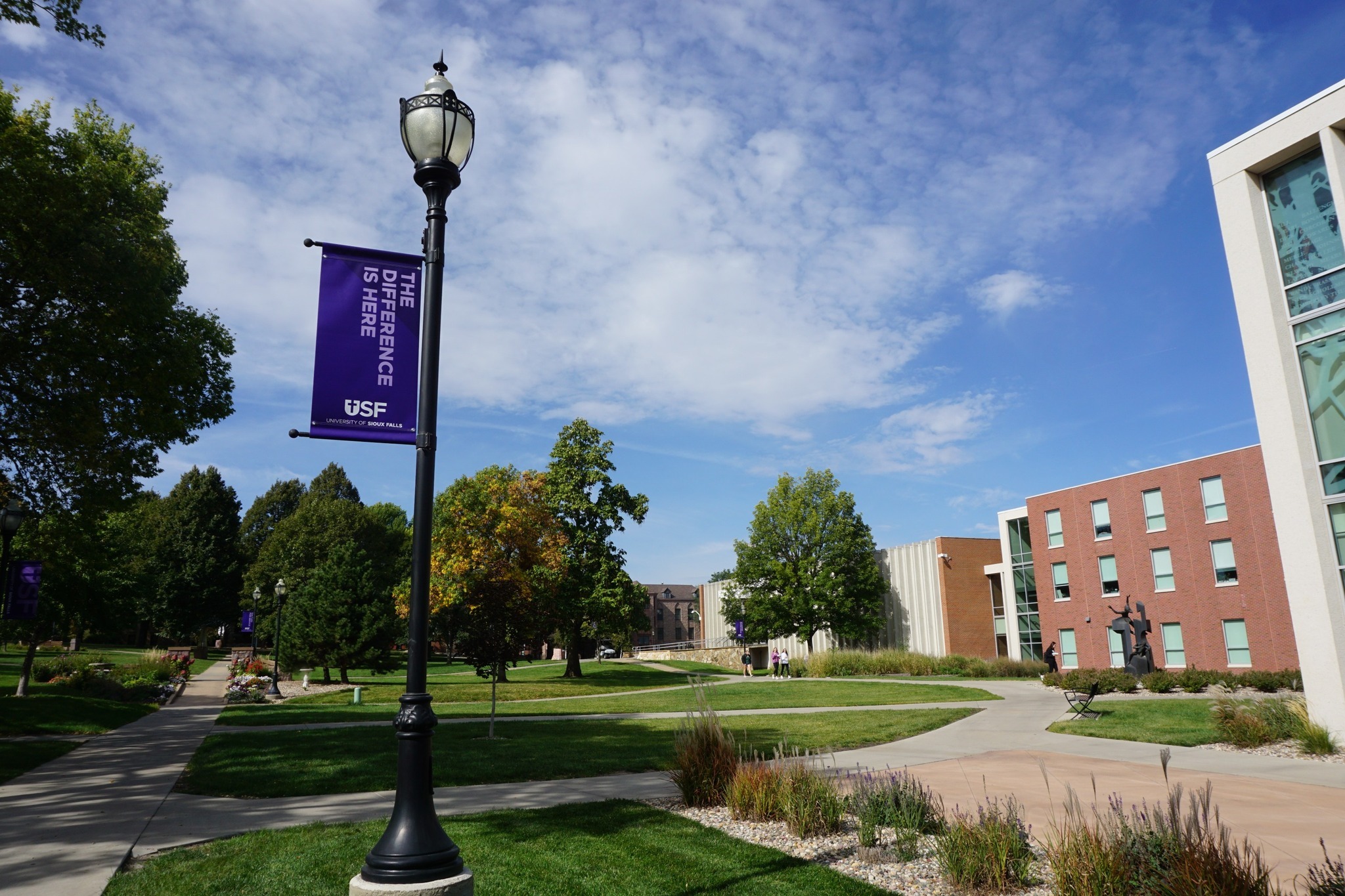 A well-maintained college campus featuring a sidewalk lined with green grass and trees, modern buildings, and a lamppost with a purple banner displaying the text "THE DIFFERENCE IS HERE" and "USF." The sky is partly cloudy and the overall scene is bright and sunny.