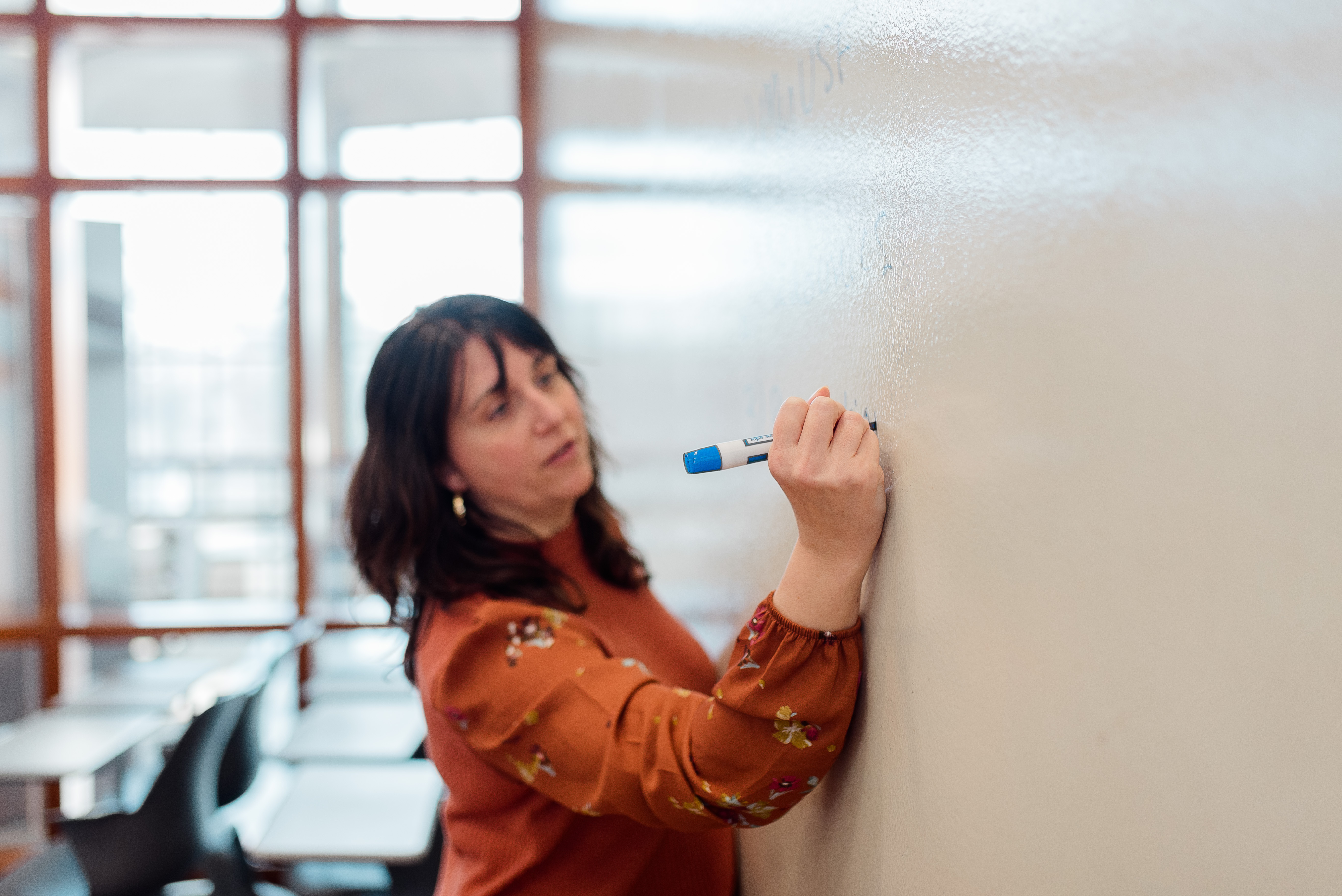 A woman with long, dark hair wearing a burnt orange blouse stands in a classroom, writing on a whiteboard with a blue marker. The classroom has large windows in the background, allowing natural light to fill the room.