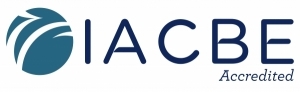 Logo of the International Accreditation Council for Business Education (IACBE). The logo features a stylized globe in teal on the left, followed by the acronym "IACBE" in navy blue, with the word "Accredited" in smaller text beneath it.