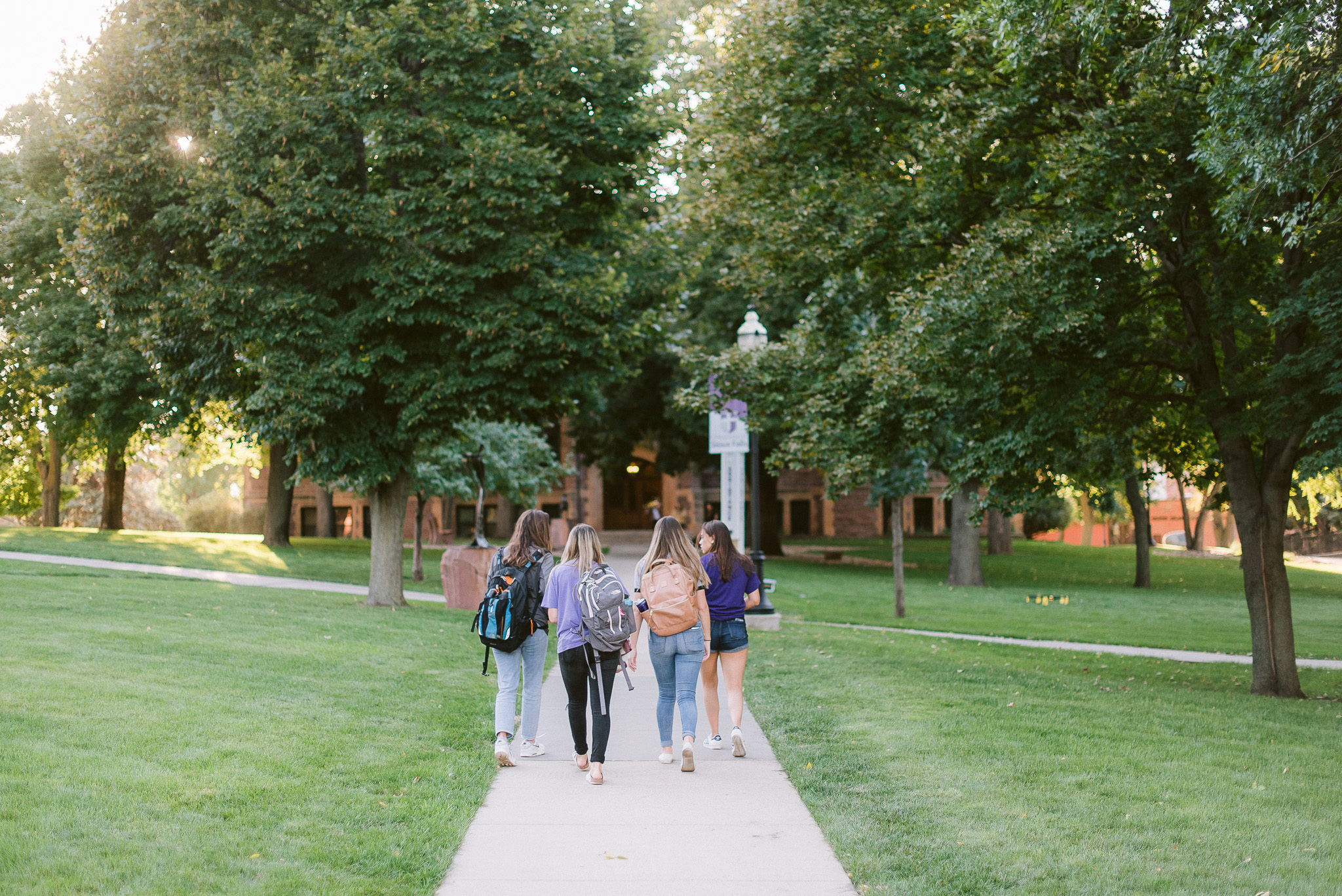 Four students with backpacks walk down a tree-lined pathway on a sunny day. The grassy areas around the path are lush and green, and a building can be seen in the background through the trees.