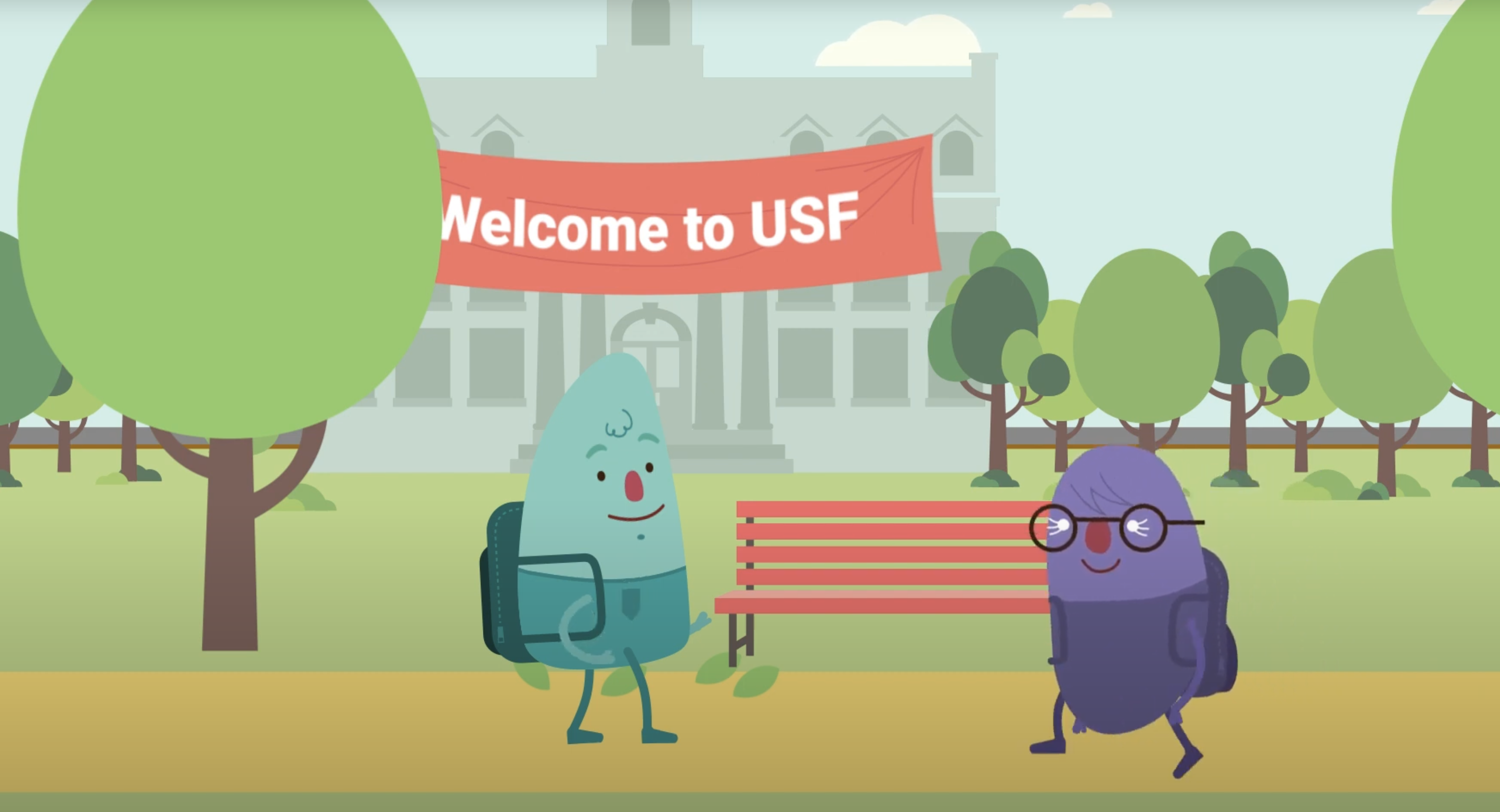 Two animated characters with backpacks are walking in front of a building with a banner that reads "Welcome to USF." One character is green and triangular-shaped, and the other is purple and bean-shaped, wearing glasses. Trees and a bench are in the background.